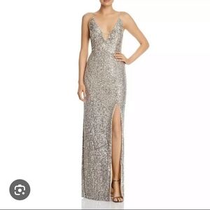 Aidan Mattox Champagne Silver Sequin Long Dress With Slit
